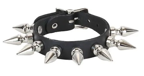 Black leather bracelet w/ 1 row of 1" silver spikes