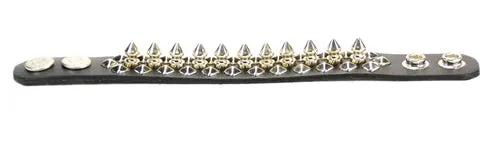 Black leather bracelet w/ 1 row of silver tree spikes and 2 rows of diamond shaped silver studs