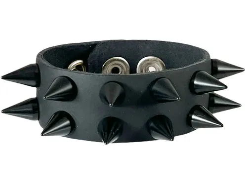Black Leather Bracelet w/ 2 Rows of Black Cone Spikes