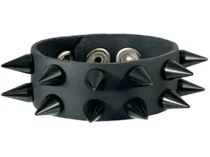 Black Leather Bracelet w/ 2 Rows of Black Cone Spikes
