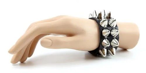 Black leather bracelet w/ 2 rows of large silver uk77 conehead spikes