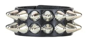 Black leather bracelet w/ 2 rows of large silver uk77 conehead spikes