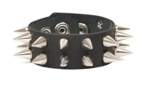 Black leather bracelet w/ 2 rows of silver cone spikes