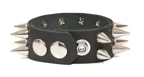 Black leather bracelet w/ 2 rows of silver cone spikes