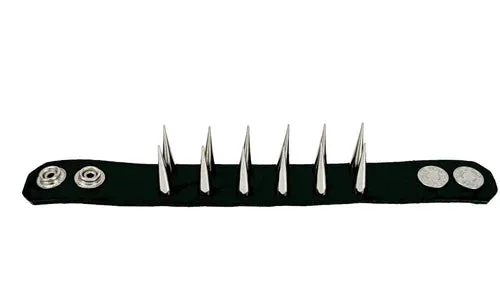 Black Leather Bracelet w/ 2 Rows of Silver Pin Spikes