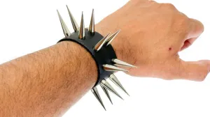 Black Leather Bracelet w/ 2 Rows of Silver Pin Spikes