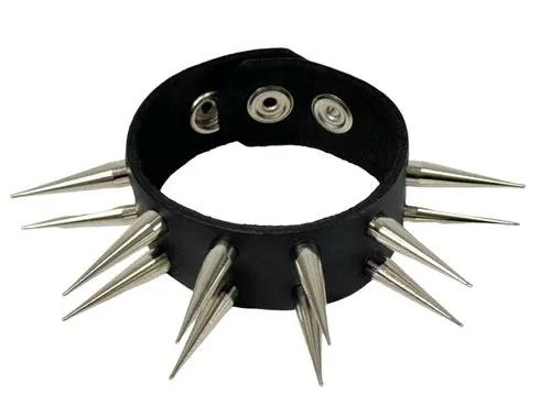 Black Leather Bracelet w/ 2 Rows of Silver Pin Spikes