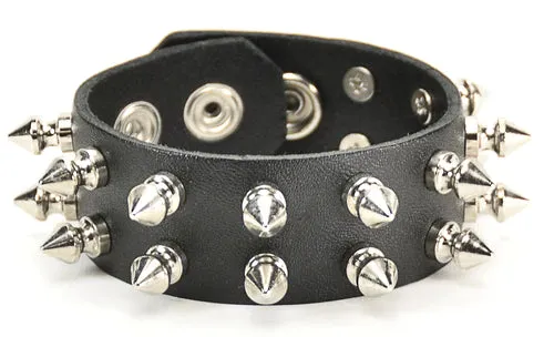 Black leather bracelet w/ 2 rows of silver tree spikes