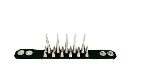 Black Leather Bracelet w/ 3 Pin and Cone Spikes