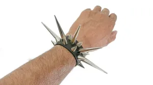 Black Leather Bracelet w/ 3 Pin and Cone Spikes