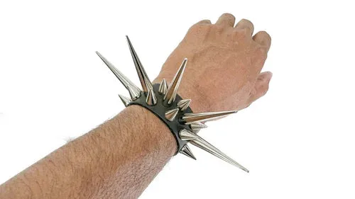 Black Leather Bracelet w/ 3 Pin and Cone Spikes