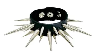 Black Leather Bracelet w/ 3 Rows of Large Silver Pin Spikes
