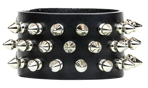 Black leather bracelet w/ 3 rows of silver tree spikes