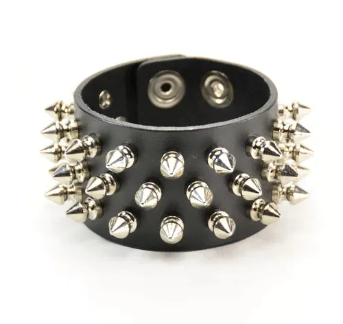 Black leather bracelet w/ 3 rows of silver tree spikes