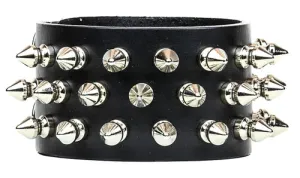 Black leather bracelet w/ 3 rows of silver tree spikes