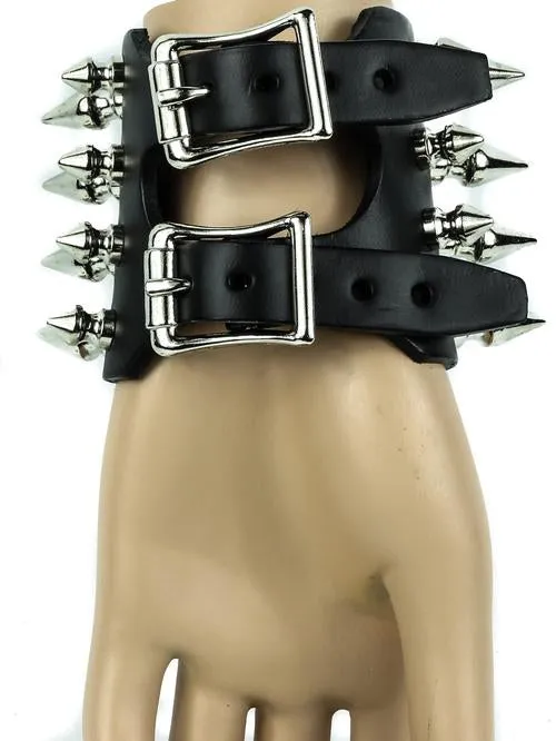 Black leather bracelet w/ 4 rows of multi-sized silver spikes detail