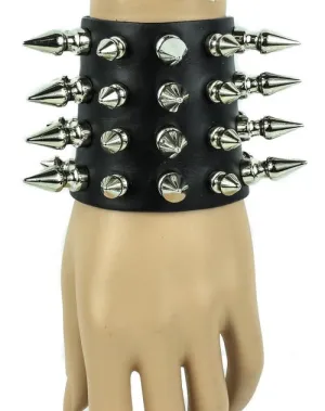 Black leather bracelet w/ 4 rows of multi-sized silver spikes detail