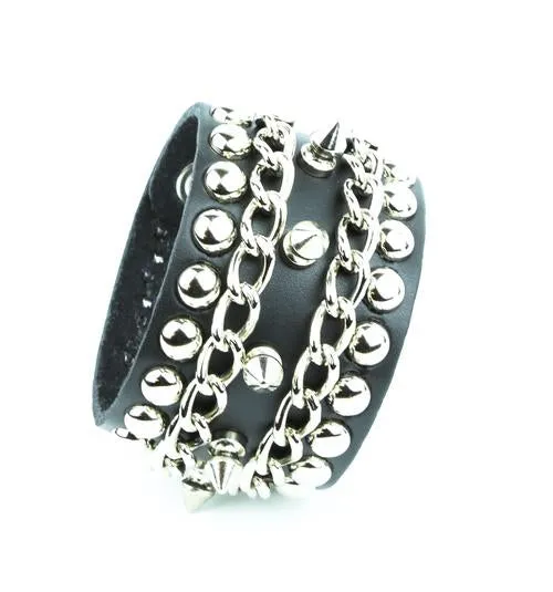 Black leather bracelet w/ multiple rows of silver spikes, studs and chain detail