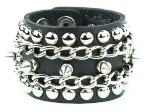 Black leather bracelet w/ multiple rows of silver spikes, studs and chain detail