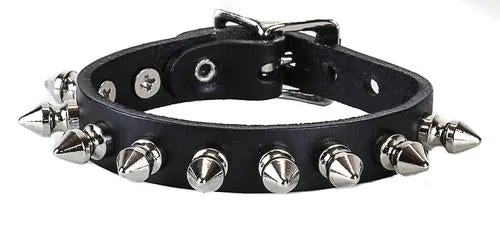 Black leather bracelet w/ single row of 1/2" silver tree spikes