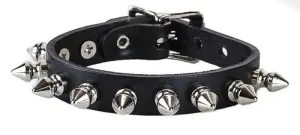 Black leather bracelet w/ single row of 1/2" silver tree spikes