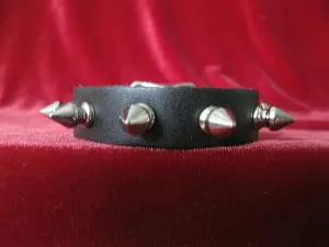 Black leather bracelet w/ single row of silver spikes