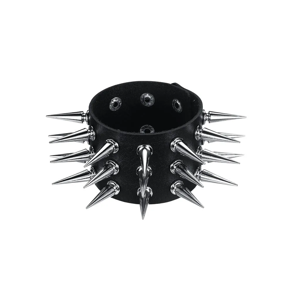 Black Leather Bracelet w/ Three Rows of Long Silver Spikes
