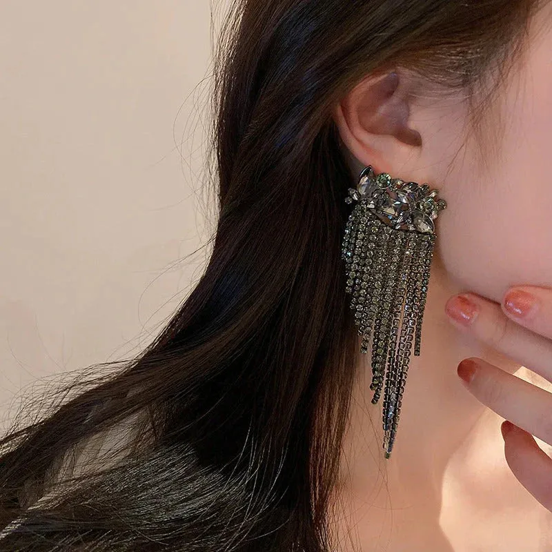 Black Luxury Crystal Drop Tassel Earrings - S925 (Limited Edition)