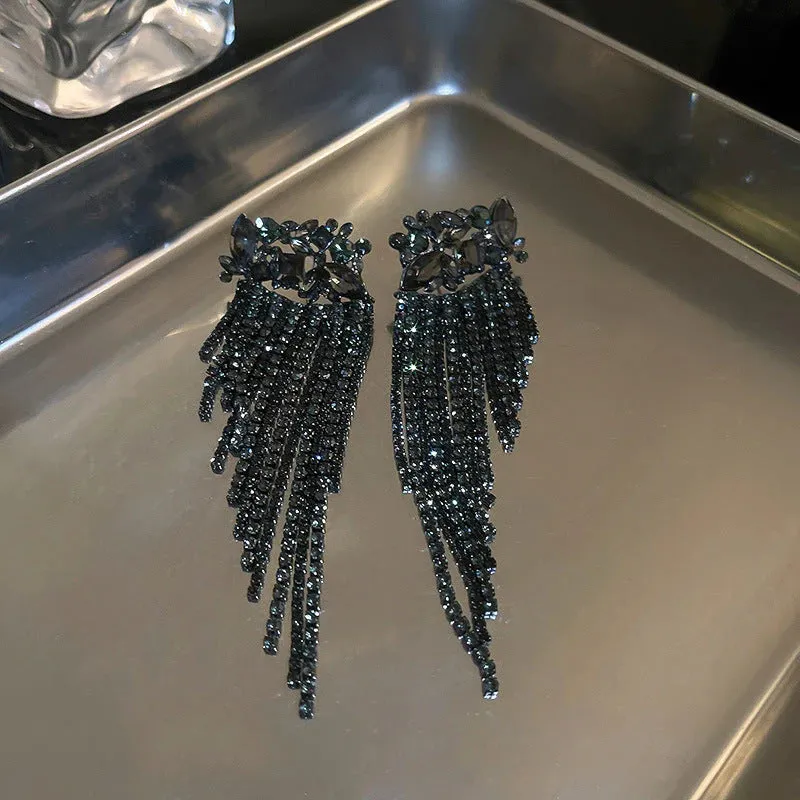 Black Luxury Crystal Drop Tassel Earrings - S925 (Limited Edition)