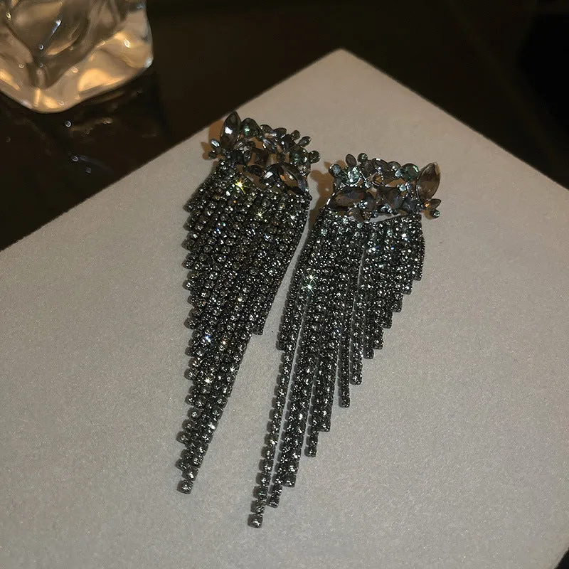 Black Luxury Crystal Drop Tassel Earrings - S925 (Limited Edition)