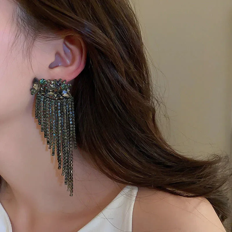 Black Luxury Crystal Drop Tassel Earrings - S925 (Limited Edition)