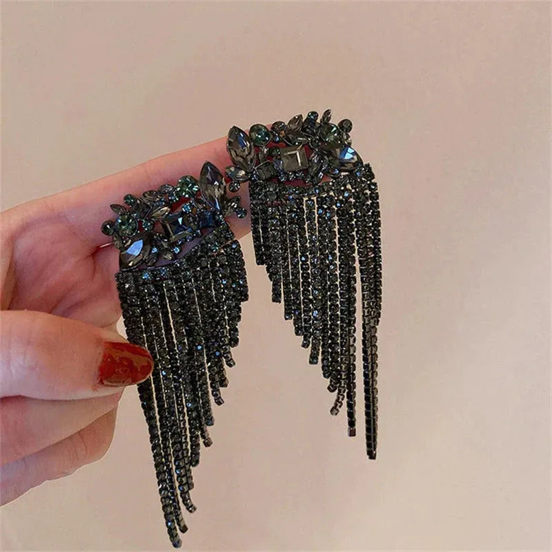 Black Luxury Crystal Drop Tassel Earrings - S925 (Limited Edition)