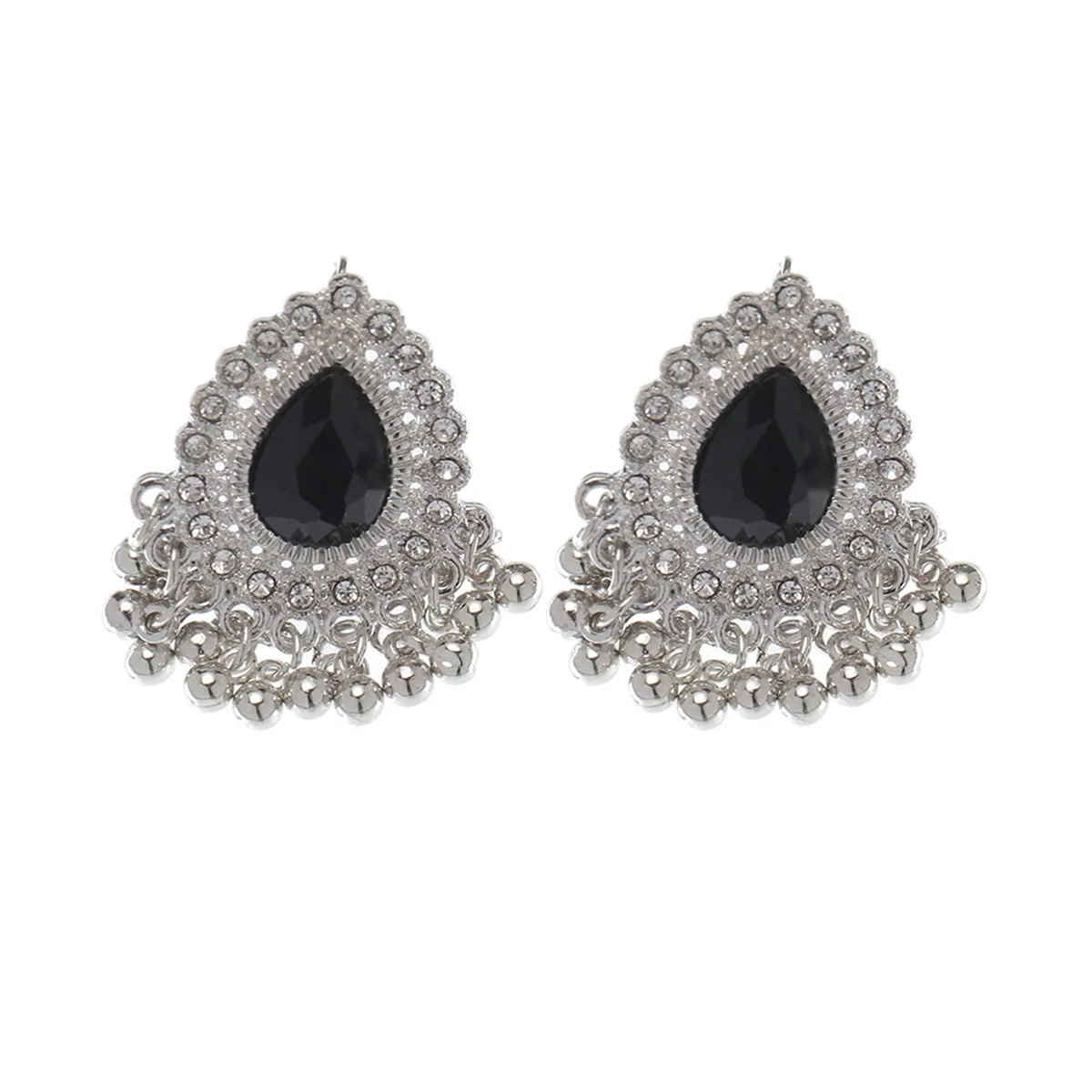 Black Resin & Cubic Zirconia Hola Bead Tassel Drop Earrings