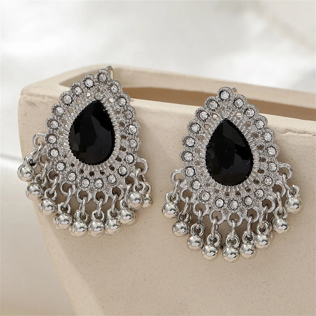 Black Resin & Cubic Zirconia Hola Bead Tassel Drop Earrings