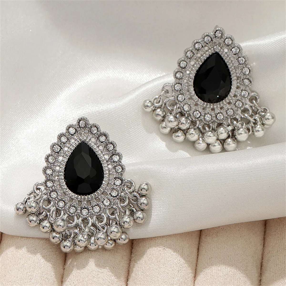Black Resin & Cubic Zirconia Hola Bead Tassel Drop Earrings