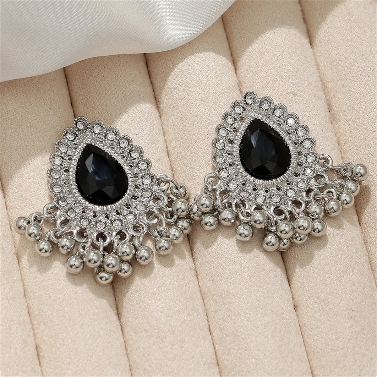 Black Resin & Cubic Zirconia Hola Bead Tassel Drop Earrings