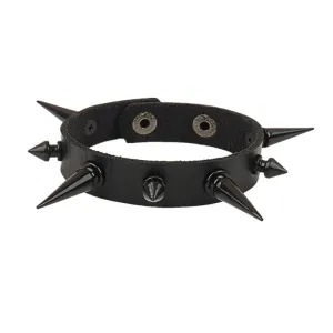 Black vegan leather bracelet w/ 1 row of black needle spikes and black tree spike details