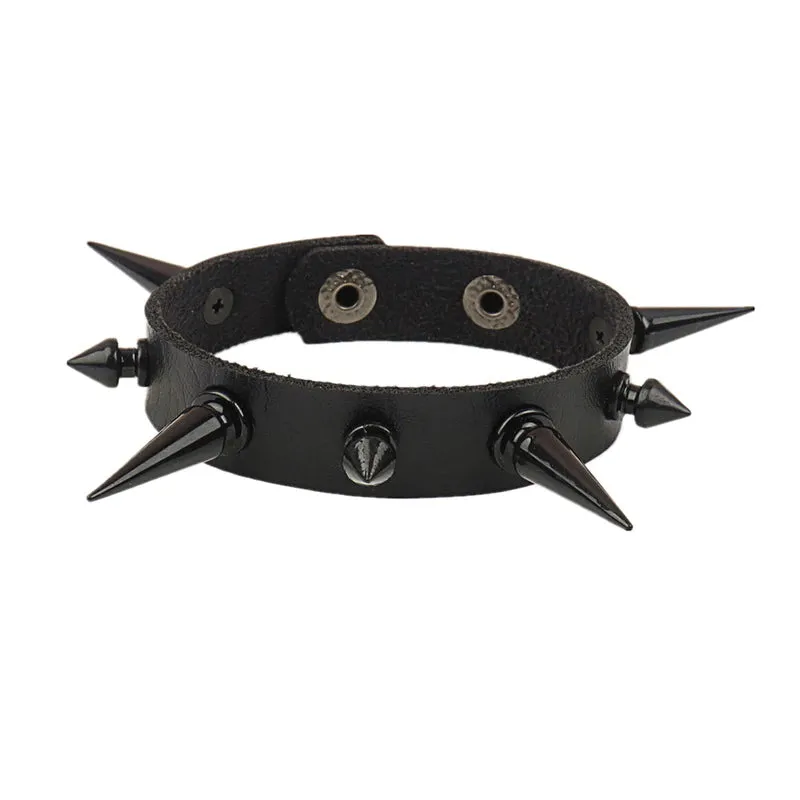 Black vegan leather bracelet w/ 1 row of black needle spikes and black tree spike details