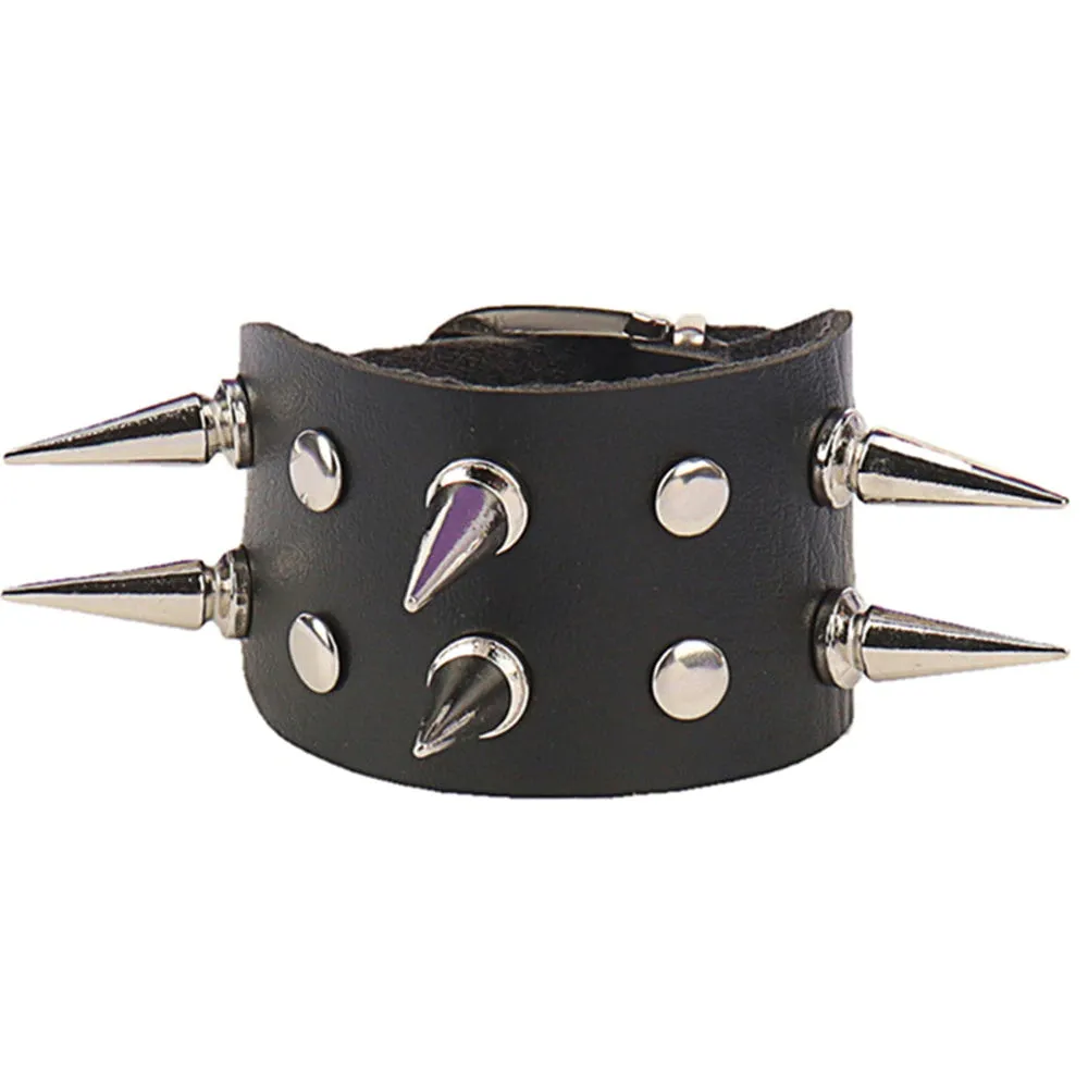 Black vegan leather bracelet w/ 2 rows of silver spikes and rivet details