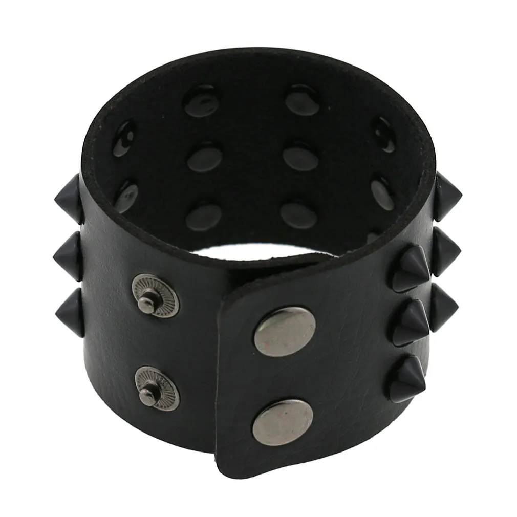 Black Vegan Leather Bracelet w/ 3 Rows of Small Black Spikes