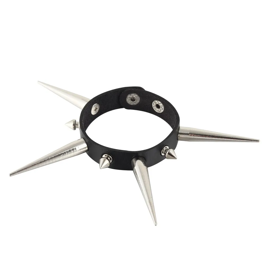 Black Vegan Leather Bracelet w/ Single Row of Multi Sized Silver Spikes