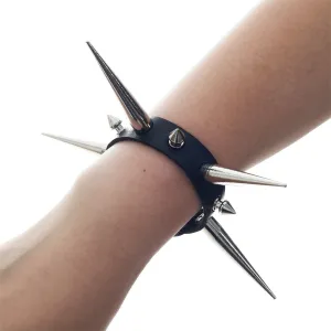 Black Vegan Leather Bracelet w/ Single Row of Multi Sized Silver Spikes