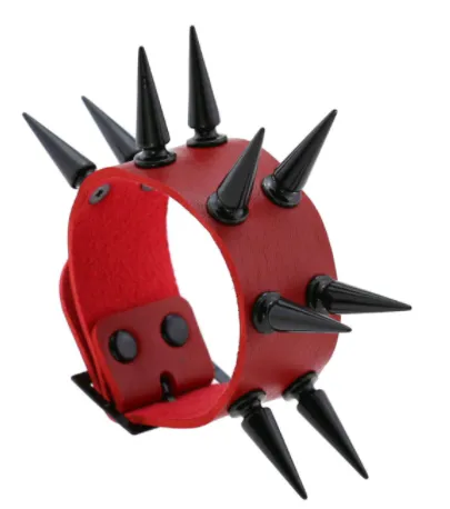 Black/Red Vegan Leather Bracelet w/ 2 Rows of Black Spikes