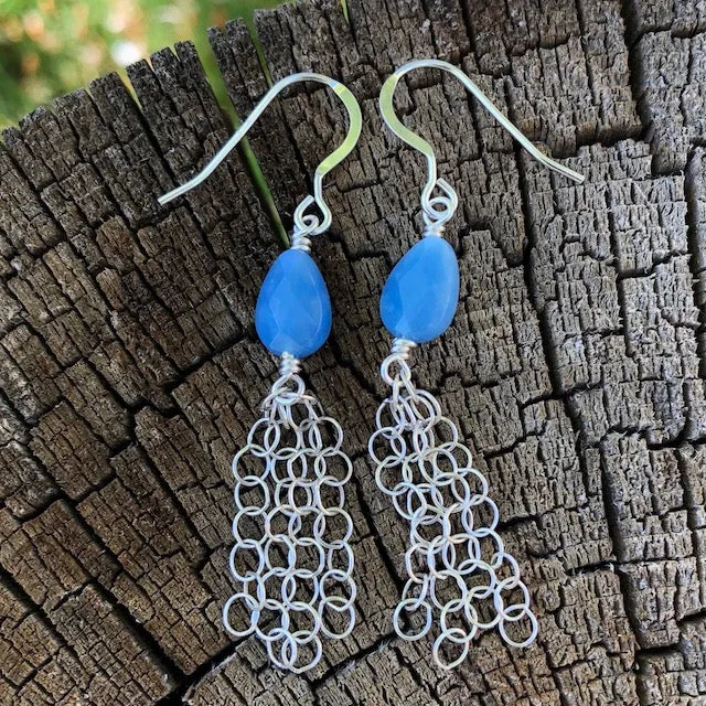Blue agate drops with sterling chain tassel earrings
