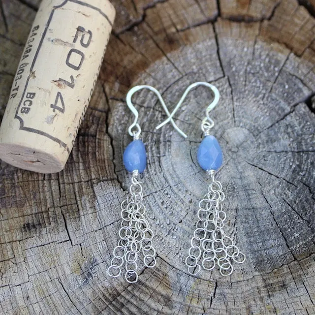 Blue agate drops with sterling chain tassel earrings