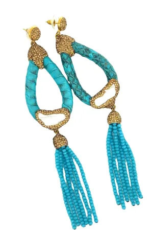 Blue Exotic Python Print Tassel Statement Earring