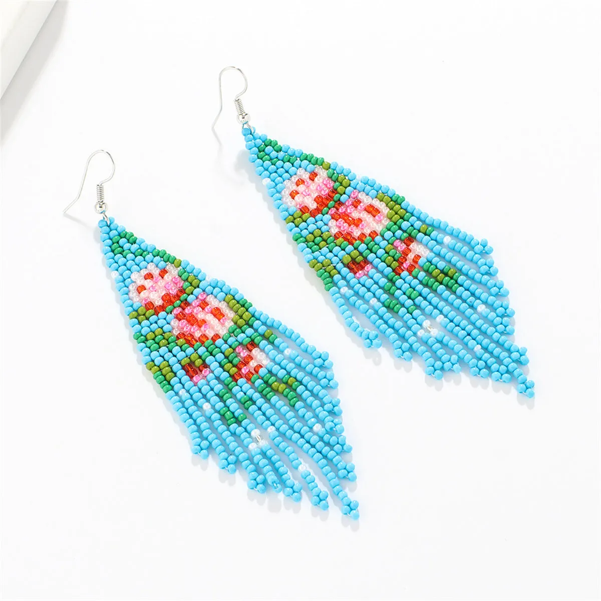 Blue Howlite & Silver-Plated Flower Tassel Drop Earrings