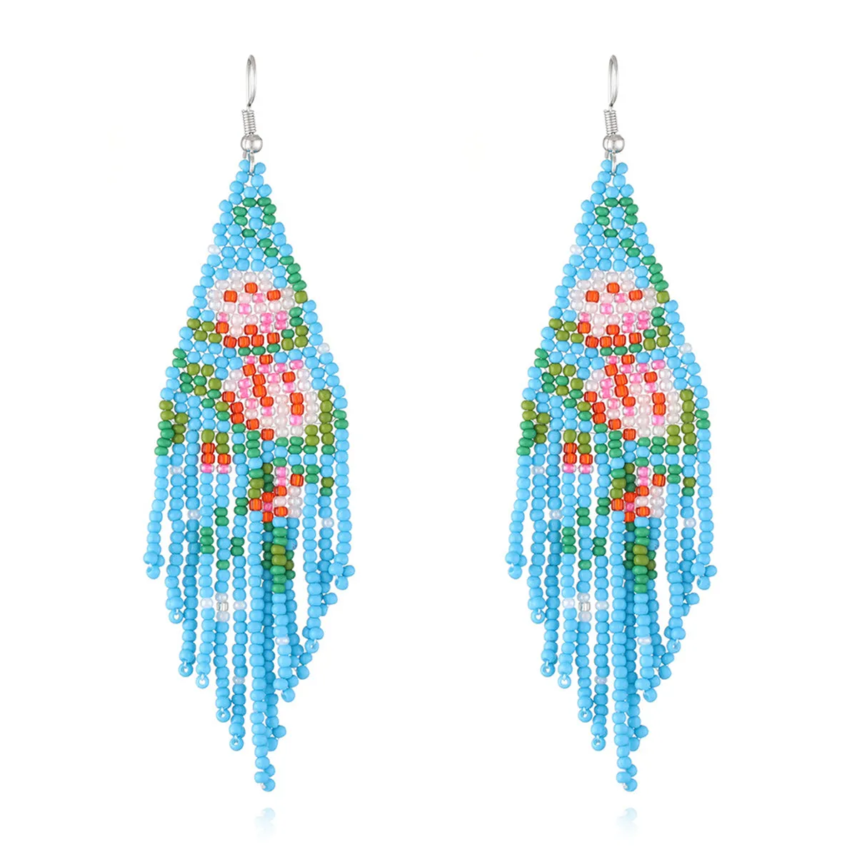 Blue Howlite & Silver-Plated Flower Tassel Drop Earrings