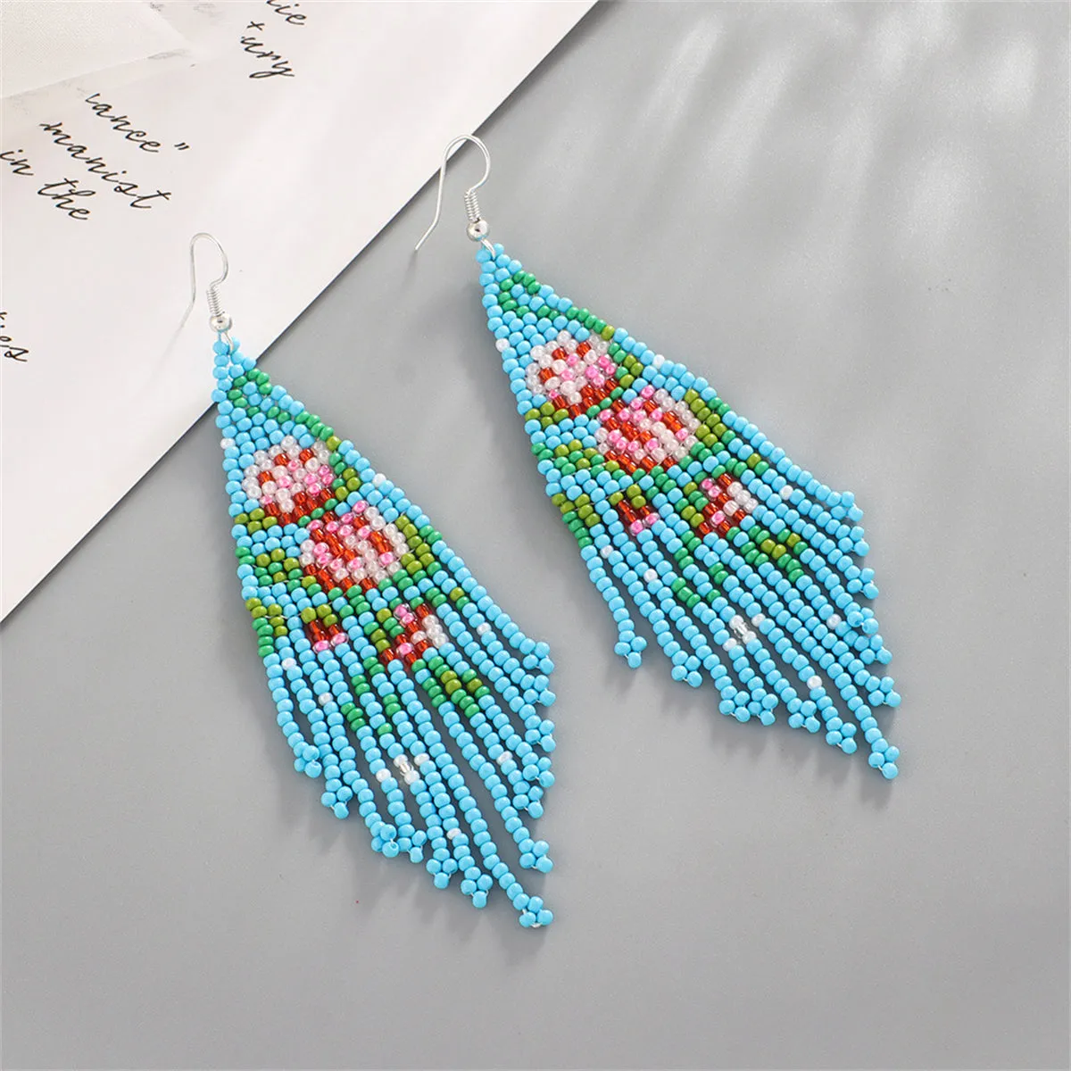 Blue Howlite & Silver-Plated Flower Tassel Drop Earrings
