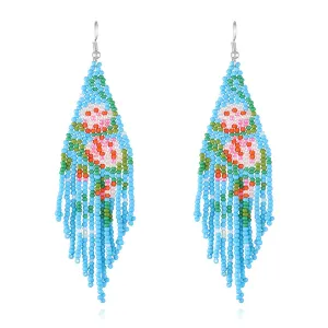 Blue Howlite & Silver-Plated Flower Tassel Drop Earrings